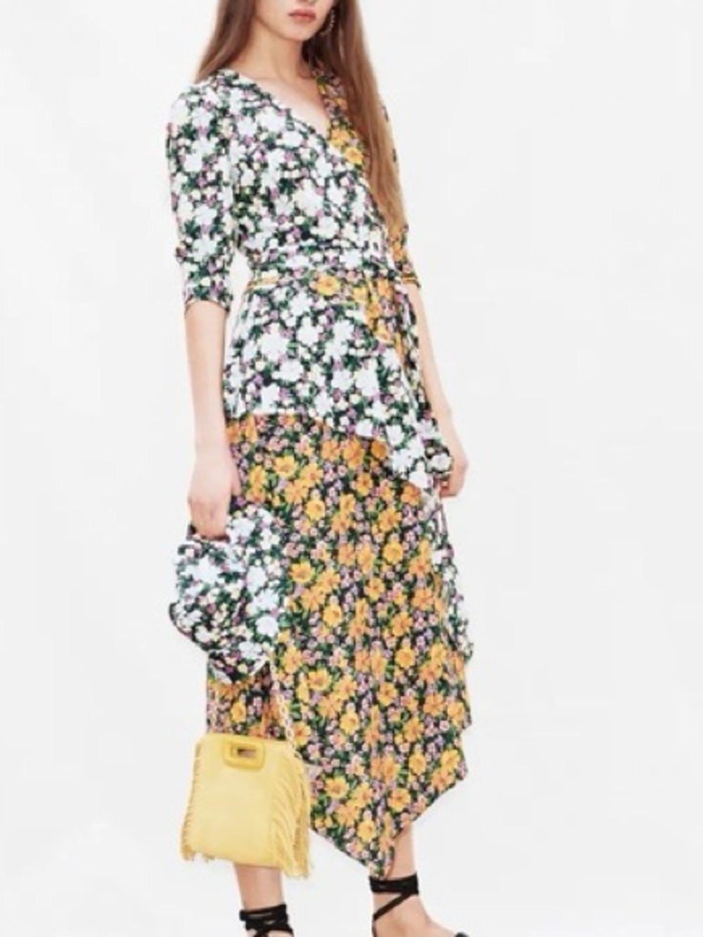 Maje Roen Two Tone Floral Print Asymmetrical Wrap Midi Dress NWT Size 1